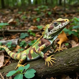 camo wearing anthro lizard, photograph captured in the woods