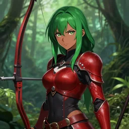 full anime portrait of beautiful archer lady in the jungle, face details, black shirt, skintight red leather armor, green hair, brownskin, redeyes, high fantasy, dnd, highly detailed, digital illustration, by kurone mishima, light novel art