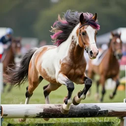 action shot from a distance of 2 0 m of a hybrid my little pony ( appaloosa horse ), professional, high quality, multi colored mane, a horse is at a steeplechase event, 4 k, dof, bokeh, action, dramatic lighting, photorealistic, detailed, hq, photorealism, digital art