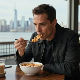 jc denton from deus ex eats cereal at a table near liberty island, high quality, photorealistic, highly detailed, 4 k, hd