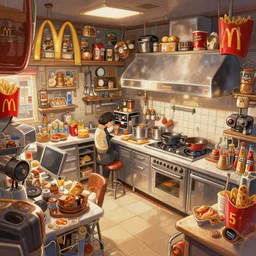 mcdonalds kitchen, intricate cluttered visual novel background, busy, shiny, painterly, professional, trending on pixiv