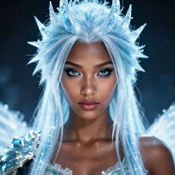 ( ( portrait ) ) of ice queen, brown skin, sharp focus, octane render, ffxi, crackle tube, rpg, beautiful, flare, cinematic, vsco, film, unreal engine, symmetrical!!, maybelline, sephora, artstation, art by artgerm, rossdraws, art by karol bak, makeup,