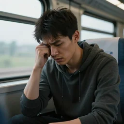 a distressed young man on a train in real life, highly detailed, realistic, hyper realistic, unreal engine, detailed, great detail, ultra realistic