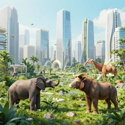modern city full of megafauna, overgrown, digital art
