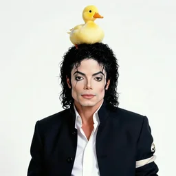 Micheal Jackson with a duck on his head