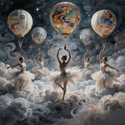 dance of the fae across the clouds, impresion de giclee arte abstracto, pegadores de baloes by marcel caram, ballerianas, the surreal and sensual world of elena vizerskaya, fantasy space, swirling clouds, 8 k, award winning, atmospheric, moonlit, artstation, volumetric lighting