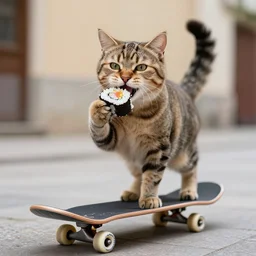 happy cat standing on a skateboard while eating sushi, in legnica, realistic photograph