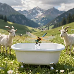 dragonfly in a bathtub in the alps, goats!!!!! in the grass