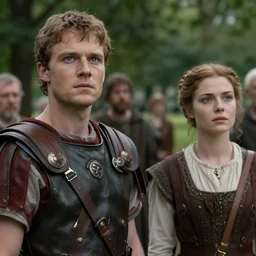 sharp, highly detailed, film from a 2 0 1 9 sci fi 8 k movie, time travelers suddenly appear in a park in 2 0 1 9, a man from the roman empire and a woman from 1 8 0 0, wearing correct era clothes, atmospheric lighting, in focus, reflective eyes, 3 5 mm macro lens, live action, nice composition