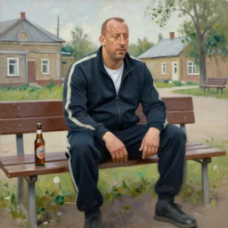 vin diesel in tracksuit sits on a bench with a bottle of beer in the courtyard of a provincial russian town, oil on canvas, naturalism
