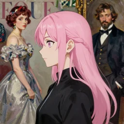 anime, mage, vogue, elle, oil painting, john singer sargent, greg rutkowski, trending on artstation, intricate, side profile, pink hair