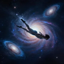 a diver swimming through the universe, colliding galaxies, artstation