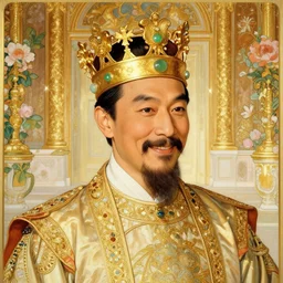 portrait of a smiling emperor, he wears a crown of gold and jade, he resides in a glittering palace, flowers, painting by stanley artgerm lau and by alphonse mucha