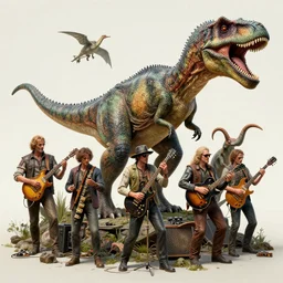 dinosaur jazz band performing by peter mohrbacher, hajime sorayama, wayne barlowe, boris vallejo, aaron horkey, gaston bussiere, craig mullins, 3 d concept render, scientifically accurate, artstation, intricate, beautiful, look at that detail!