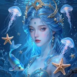 3 d print of gorgeous young goddess of the light blue holy water light, unusually unique beauty, swimming fish, small jellyfish, starfish, emotionally evoking symbolic metaphors, head in focus, fantasy, ornamental, intricate, elegant, sensual, highly detailed digital painting, artstation, concept art, painterly, golden ratio, sharp focus, illustration