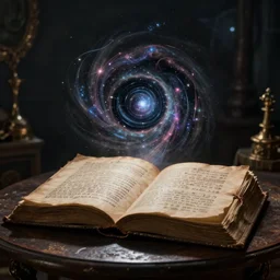 an ancient spell book open on a table with a portal to an alien universe open on it, dark and moody, magical realism