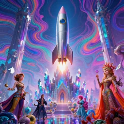 mysterious rocket hovers over mythical crystal temple, psychedelic waves, synthwave, bright neon colors, highly detailed, cinematic, eyvind earle, tim white, philippe druillet, roger dean, ernst haeckel, lisa frank, aubrey beardsley