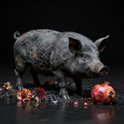 burnt sculpture of a pig and a pomegranate, photorealistic, black background, charred remains of flowers, flood waters, by bob eggleton, trending on artstation