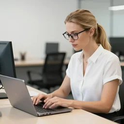 a woman in a white short sleeved blouse working with a laptop inside a office, tied blonde hair, glasses, highly detailed, realistic,