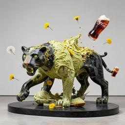 abstract panther sculpture created by a mixture of pistachio ice cream, black marble, dandelions and coca cola being thrown around by centrifugal forces, brilliant museum sculpture, award winning photo, 4k