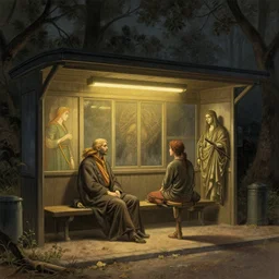 Bus stop, lit by the light of gods, year 2100, hyper detailed, artstation, cgsociety by greg rutkowski and by Gustave Dore