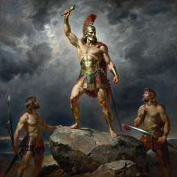 highly detailed painting spartan king on top of a rock on a thunderstorm by gaston bussiere, j. c. leyendecker, craig mullins