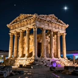 Baalbeck ruins, roman temple, monument, at night, bright stars, neon lights, realistic