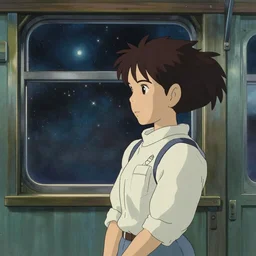 a girl in a train with outer space visible through the window, art by hayao miyazaki, studio ghibli film, hi res, 4k, high detail