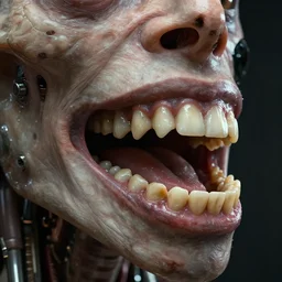 close - up photorealistic cinematic render of a surreal biomechanical chewing machine with teeth and gums, by hr giger