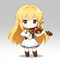 chibi, cute, female, full body, elf girl with white skin and golden hair, holding a violin and playing a song, stunning art style, trending art, sharp focus, centered, landscape shot, fate zero, simple background, studio ghibly makoto shinkai yuji yamaguchi, by wlop