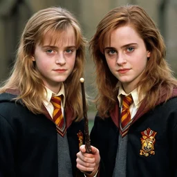 portrait of lindsey pelas and emma watson in the movie harry potter holding a wizard wand, by charlotte grimm, natural light, detailed face, canon eos c 3 0 0, ƒ 1. 8, 3 5 mm, 8 k, medium - format print, half body shot