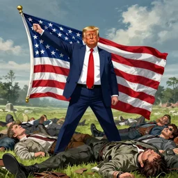 Donald trump holding a large usa flag standing on the bodies of his slain enemies anime style