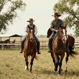 Cowboy Christian Bale is leading the horses towards the ranch, 1980 style photography