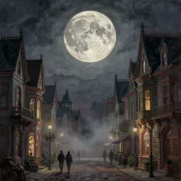 A hyper realistic oil painting of a moon hanging over a victorian age city, view from the streets, fog, creepy atmosphere, moody cinematic lighting, focus on the moon, hyper detailed, by greg rutkowski, trending on artstation