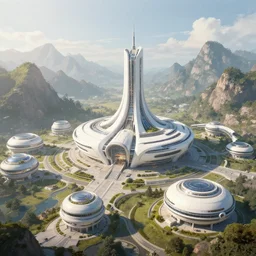 a concept art of a magnificent and high - tech white round building in the middle surrounded by mountains with other round houses in a sunnypunk style
