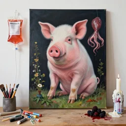 “ a portrait in a female art student ’ s apartment, sensual, a pig theme, pork cuts, art supplies, edo, surgical iv bag, octopus, ikebana, herbs, a candle dripping white wax, squashed berries, berry juice drips, acrylic and spray paint and oilstick on canvas, surrealism, neoexpressionism ”