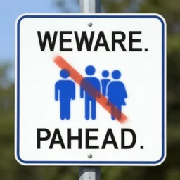 road sign saying beware. blue haired people ahead.