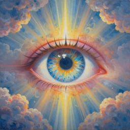 a painting of a giant psychedelic eye in a cloudy sky, god rays, beautiful colors, surrealism, visionary art, fractals, matte painting, by christophe vacher