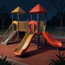 editorial illustration by Karolis Strautniekas and Mads Berg, colorful, lonely playground, fine texture, detailed, matte colors, film noir, dramatic lighting, dynamic composition, moody, vivid, volumetric