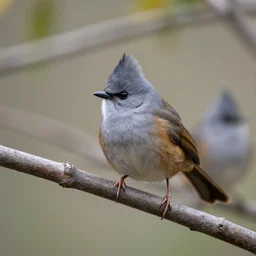 Grey-crowned Babblers sitting on a branch, shallow depth of field, blur, out-of-focus background