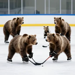 A group of brown bears plays ice hockey