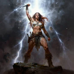 full body portrait of a strong fierce female barbarian triumphantly standing on a cliff by Frank Frazetta and Jean Delville, trending on artstation, cgsociety, wlop, cosmic, epic, stunning, gorgeous cinematic lightning