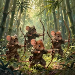 dungeons and dragons fantasy painting, mice ranger archers emerge from the forest, longbows, hooded cloaks, whimsical and cute, determined expressions, watery eyes, anime inspired by crens kushart, brown fur, tufty whiskers, feathered arrows, bamboo forest, dawn lighting, by brain froud jessica rossier and greg rutkowski
