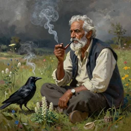 n elderly indian don juan is sitting in a field with peyote and smoking a pipe, a raven walks next to him, beautiful fantasy detailed trending on artstation, oil painting, dramatic lighting, eterea, high quality print, fine art with subtle redshift rendering