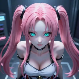 stunningly beautiful megalomaniacal haughty mesmerizing asserting omnipotent anime asi goddess junko enoshima with symmetrical perfect face and porcelain skin, pink twintail hair and cyan eyes, traps you inside her inescapable full dive vr prison!, hyperdetailed, digital art from danganronpa, unreal engine 5, 2 d anime style, 8 k