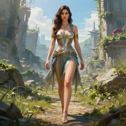 Alexandra Daddario walking in a post apocalyptic landscape, overgrown city, fantasy, high detail, elegant, digital painting, cinematic lighting, vibrant, intricate, textured skin, highly detailed, artstation, sharp, focus, HDR, unreal engine 5, breathtaking, illustration