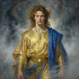 portrait of corbin bleu in gold - blue robes, runes, jewelry, mystical, ethereal, magical storm fog, painting by greg rutkowski and alphonse mucha