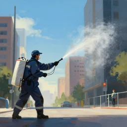 a pest control worker in uniform spraying pesticides over the city, art by alex malveda, michael hutter, low angle
