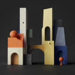 abstract geometric modern architecture in varioius sizes and colours in bauhaus and paul rudolph style, two point perspective, 5 0 mm focal lens, analogous complementary colour scheme, dark, hyperrealism, archviz, octane render