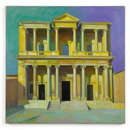 oil on masonite painting by aaron douglas of the library of alexandria, green yellow and purple